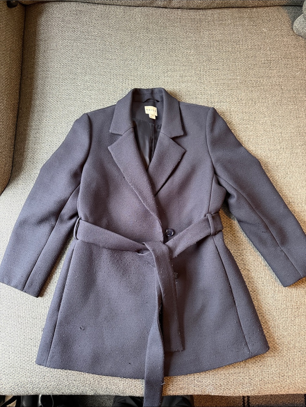 Reiss Navy Belted Wool-Blend Blazer Jacket